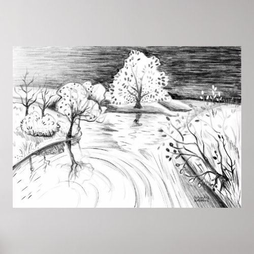 Pencil drawing relaxing nature scene trees river poster