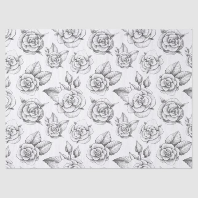 Pencil Drawings of Roses on White Decoupage Tissue Paper (Front)