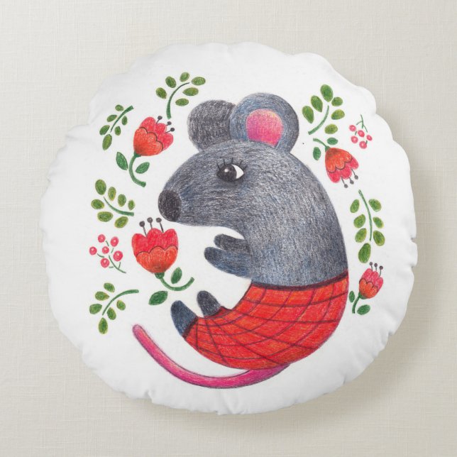 Pencil drawn mouse round pillow (Front)