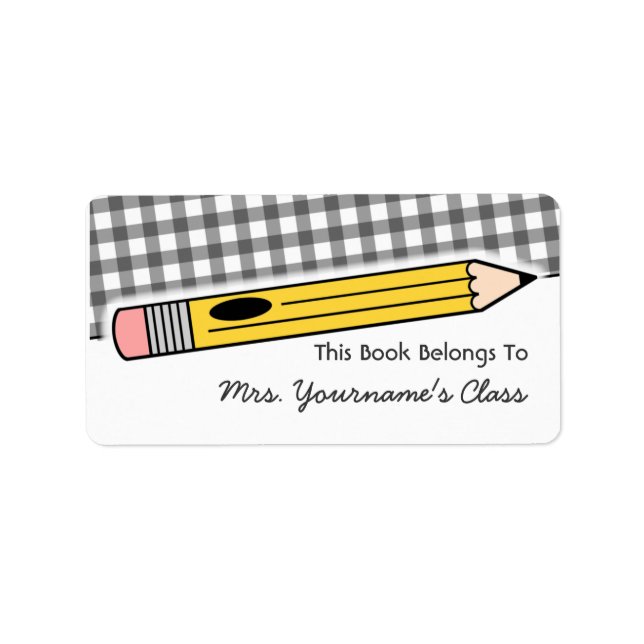 Pencil & Gray Gingham School Book Label (Front)