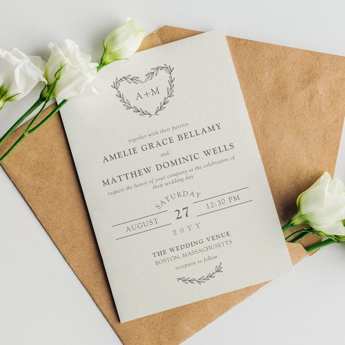 Pencil Gray Off White Heart Wreath 2 in 1 Wedding  Invitation