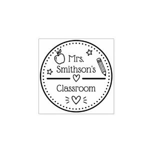 Pencil Heart Teacher Name Apple Classroom Rubber Stamp