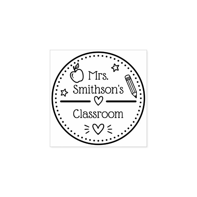 Pencil Heart Teacher Name Apple Classroom Rubber Stamp