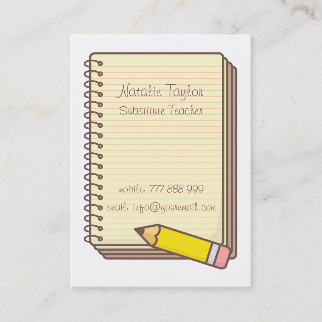 Pencil Notepad Substitute Teacher Business Cards Zazzle