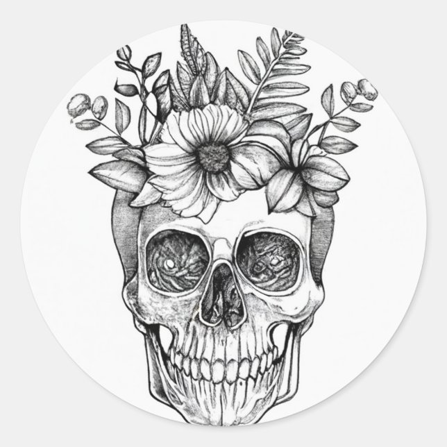 Pencil-Rendered Floral Skull Classic Round Sticker (Front)