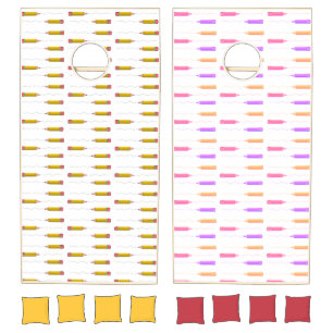 Pencil scrabble on white cornhole set