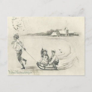 Pencil Sketch Antique Winter Farm Scene Postcard
