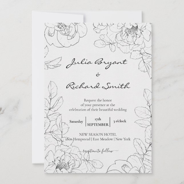 Pencil Sketch Floral | Peony Minimalist Wedding Invitation (Front)