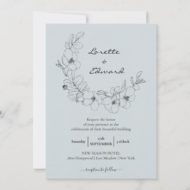 Pencil Sketch Floral Wreath | Minimalist Wedding Invitation (Front)