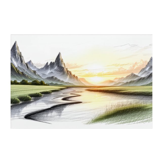 Pencil sketch, mountain meadows with sunset acrylic print (Front)