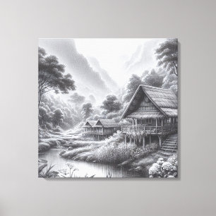 Pencil Sketch of a Cozy Hut by a Flowing River Canvas Print