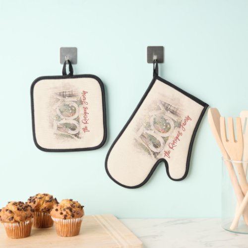 Pencil Sketch Rustic JOY Christmas Art Oven Mitt  Pot Holder Set