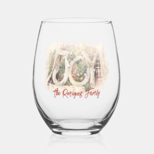 Pencil Sketch Rustic JOY Christmas Art Stemless Wine Glass