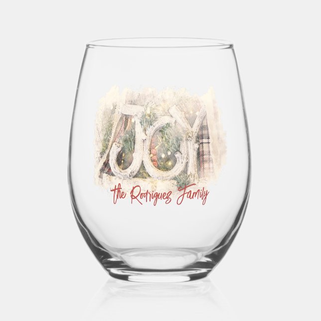 Pencil Sketch Rustic JOY Christmas Art Stemless Wine Glass (Left)