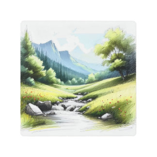 Pencil sketch wall art, mountain meadows, nature metal print