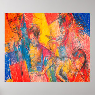 Pencil Style Drawing of a Group Of Friends on Wall Poster