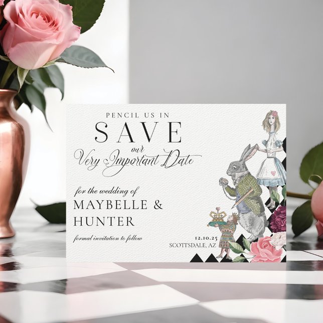 Pencil Us In Alice In Wonderland Checkerboard Save The Date (Pencil Us In Alice In Wonderland Checkerboard Save The Date)