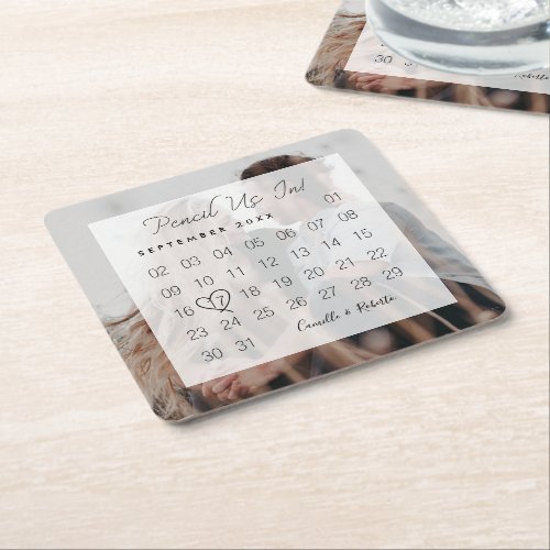 Pencil Us In Calendar Modern Minimal Couple Photo Square Paper Coaster
