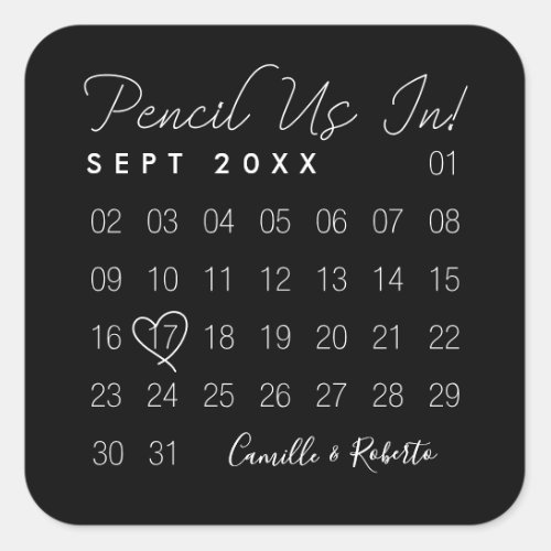 Pencil Us In Minimal Black Calendar Save The Date Square Sticker