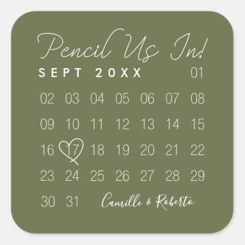 Pencil Us In Minimal Green Calendar Save The Date Square Sticker