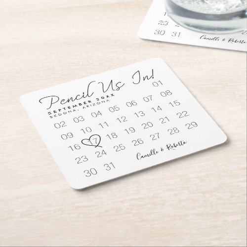Pencil Us In Minimal White Calendar Save The Date Square Paper Coaster