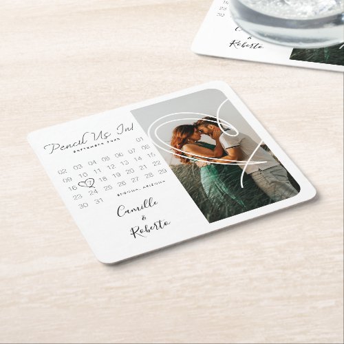 Pencil Us In Modern Minimal Calendar Couple Photo Square Paper Coaster