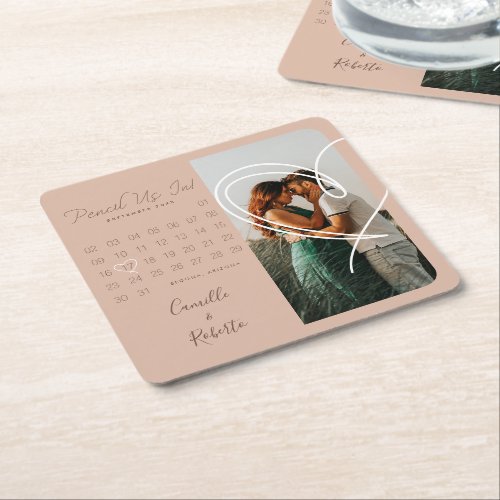 Pencil Us In Modern Minimal Calendar Couple Photo Square Paper Coaster
