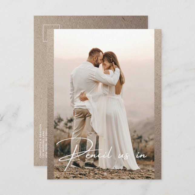 Pencil Us In Save The Date Photo Rustic Wedding Announcement Postcard (Front/Back)