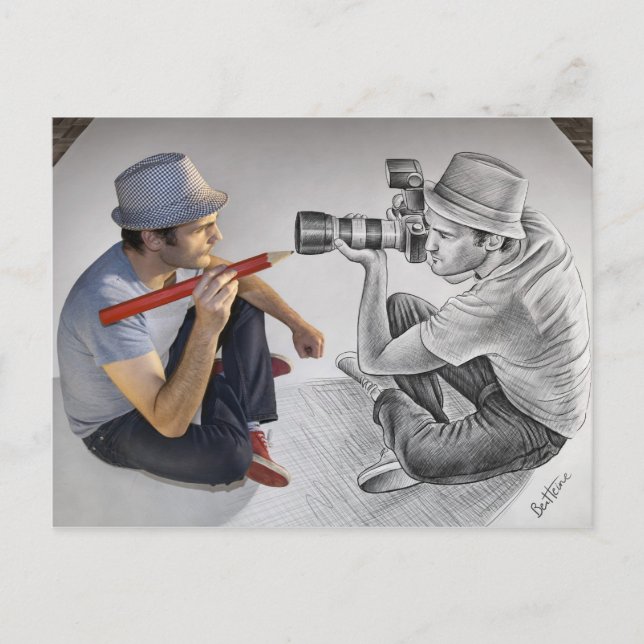 Pencil Vs Camera - 3D Art - Photographer Postcard (Front)