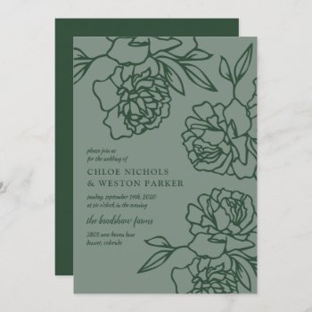Penciled Peonies Modern Emerald Green Wedding Invitation by ModernMatrimony at Zazzle