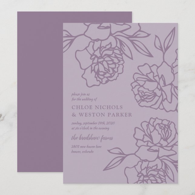 Penciled Peonies Modern Lavender Wedding Invitation (Front/Back)