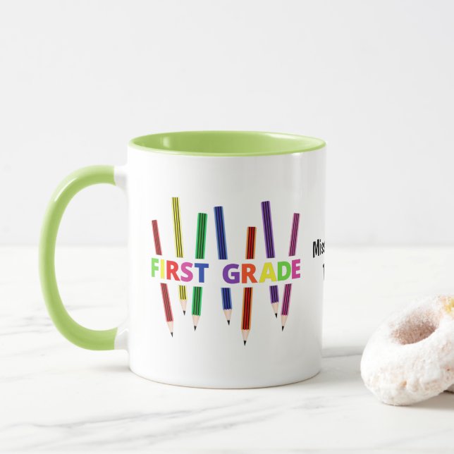 Pencils First Grade Customizable Teacher Mug (With Donut)