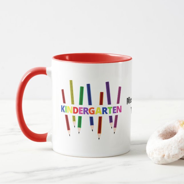 Pencils Kindergarten Customizable Teacher Mug (With Donut)