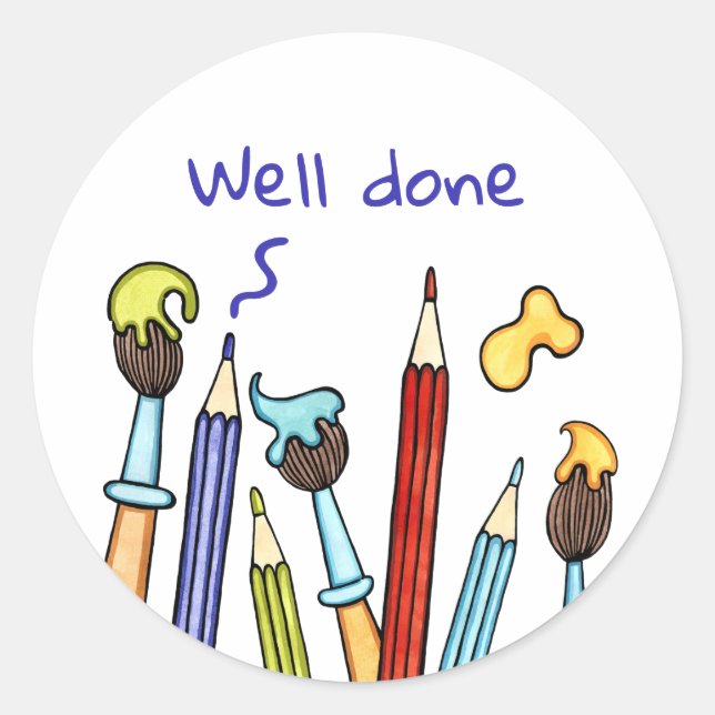 Pencils & Paintbrushes Teacher Reward Classic Round Sticker (Front)