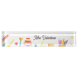 Pencils Watercolor Teacher School Cute Modern Desk Name Plate