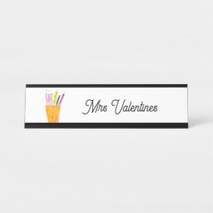 Pencils Watercolor Teacher School Cute Modern Desk Name Plate