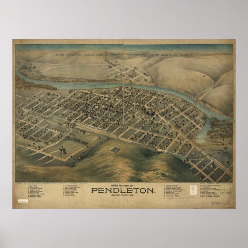 Pendleton Oregon 1890 Antique Panoramic Map Poster
