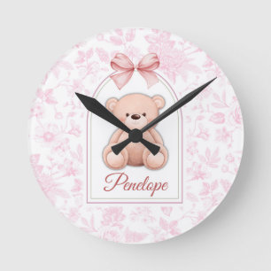 Penelope Custom Pink Teddy Bear Nursery Design Round Clock