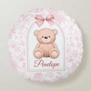 Penelope Custom Pink Teddy Bear Nursery Design Round Pillow
