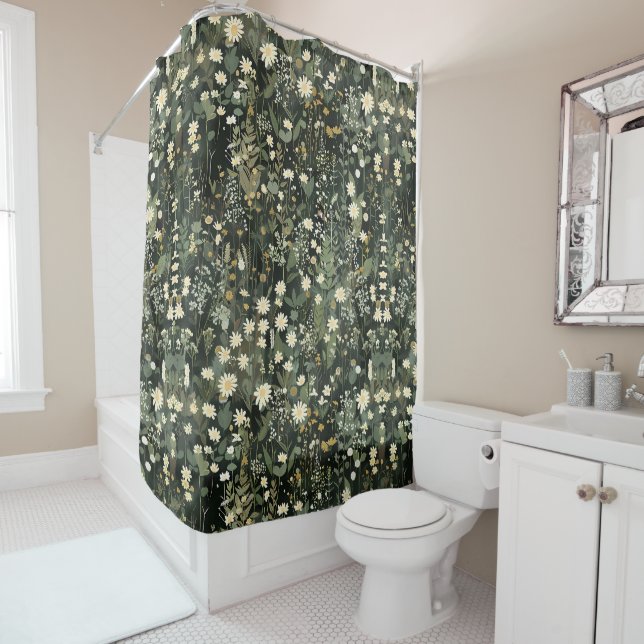 Penelope Dark Daisy Floral Shower Curtain (In Situ)