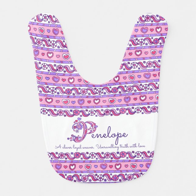 Penelope name meaning heart flower baby bib (Front)
