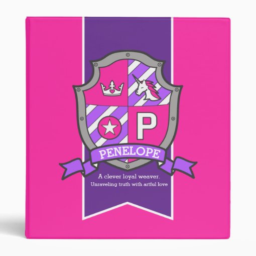 Penelope name meaning knight shield P letter pink 3 Ring Binder Zazzle