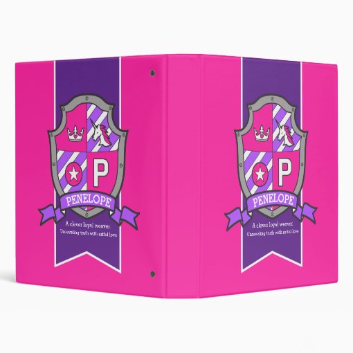Penelope name meaning knight shield P letter pink 3 Ring Binder Zazzle