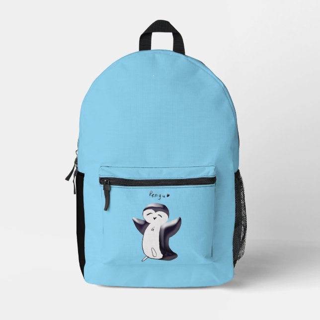 Pengu Happy Penguin Kids Black-SkyBlue Printed Backpack (Front)