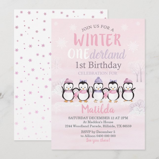 Penguin 1st Birthday Invitation Winter Onederland (Front/Back)