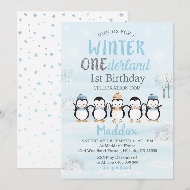 Penguin 1st Birthday Invitation Winter Onederland (Front/Back)