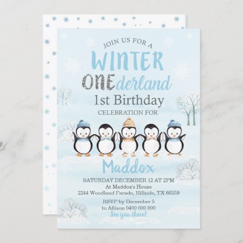 Penguin 1st Birthday Invitation Winter Onederland