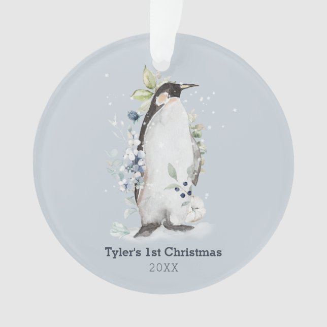 Penguin 1st Christmas Blue Personalized Ornament (Front)