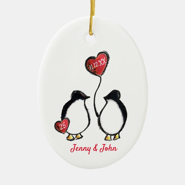 Penguin 25th silver wedding anniversary ceramic ornament (Front)