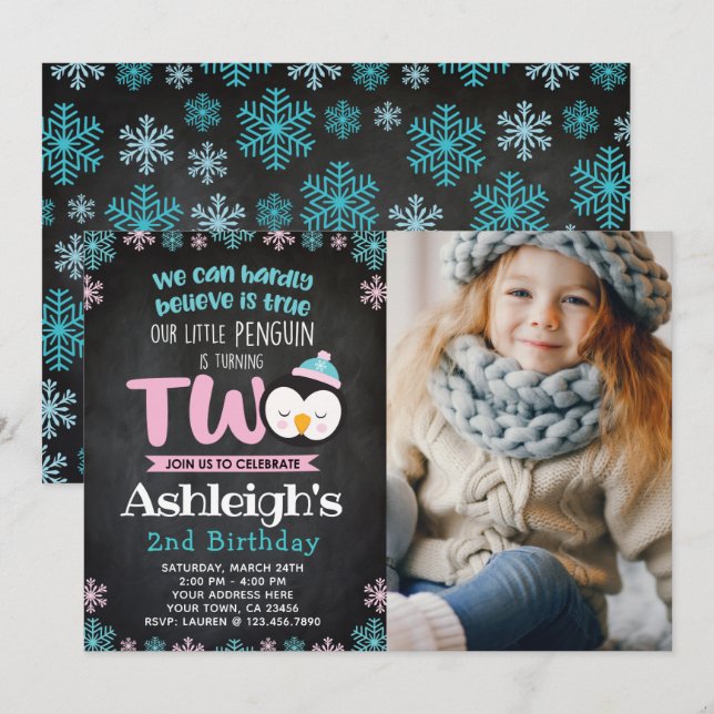 Penguin 2nd Birthday Invitation with Photo (Front/Back)